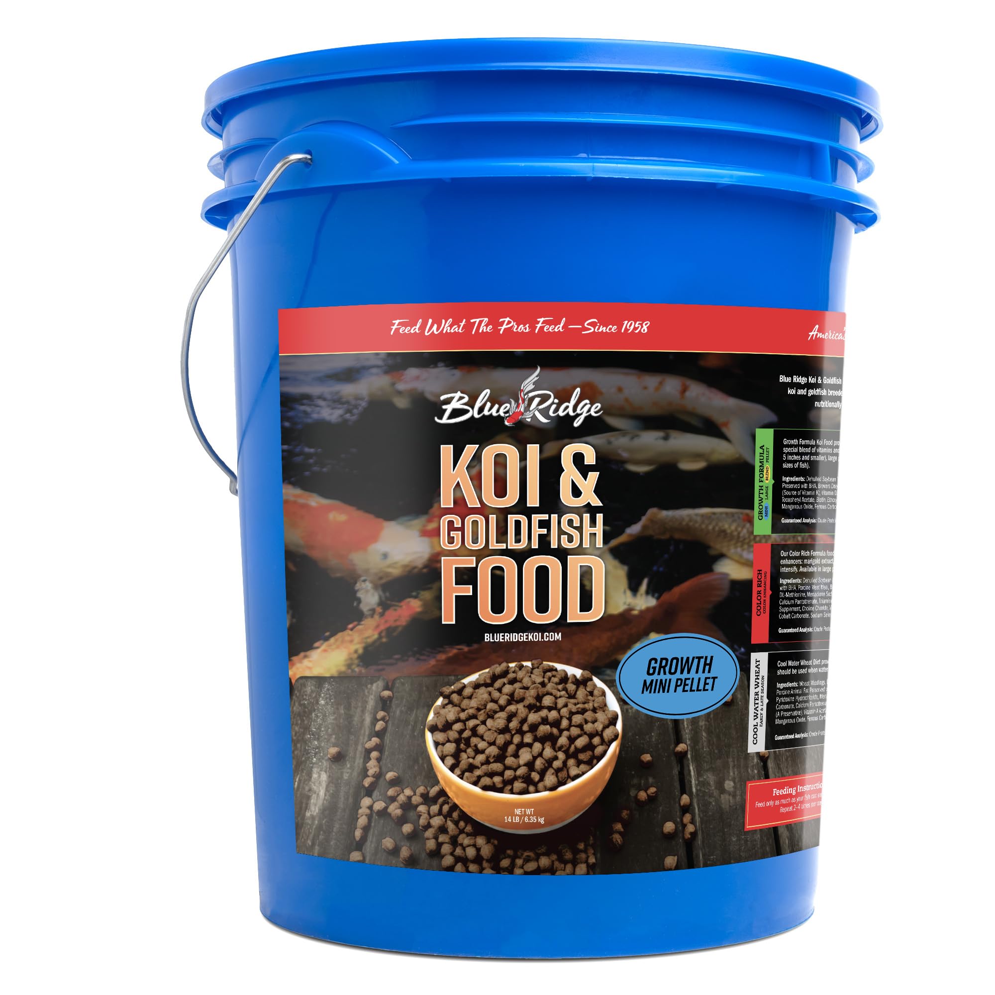 Blue Ridge Koi Food 14lb floating pellets gliding on water for steady growth and pond vitality.