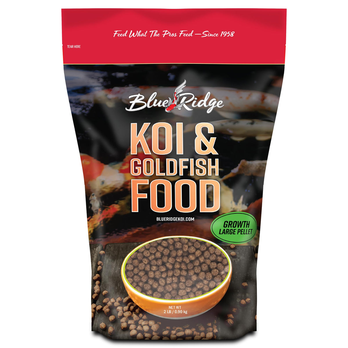 Blue Ridge Koi Food 2lb bag on a shelf, showcasing premium floating pellets for ponds.