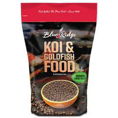 Blue Ridge Koi Food 2lb bag on a shelf, showcasing premium floating pellets for ponds.