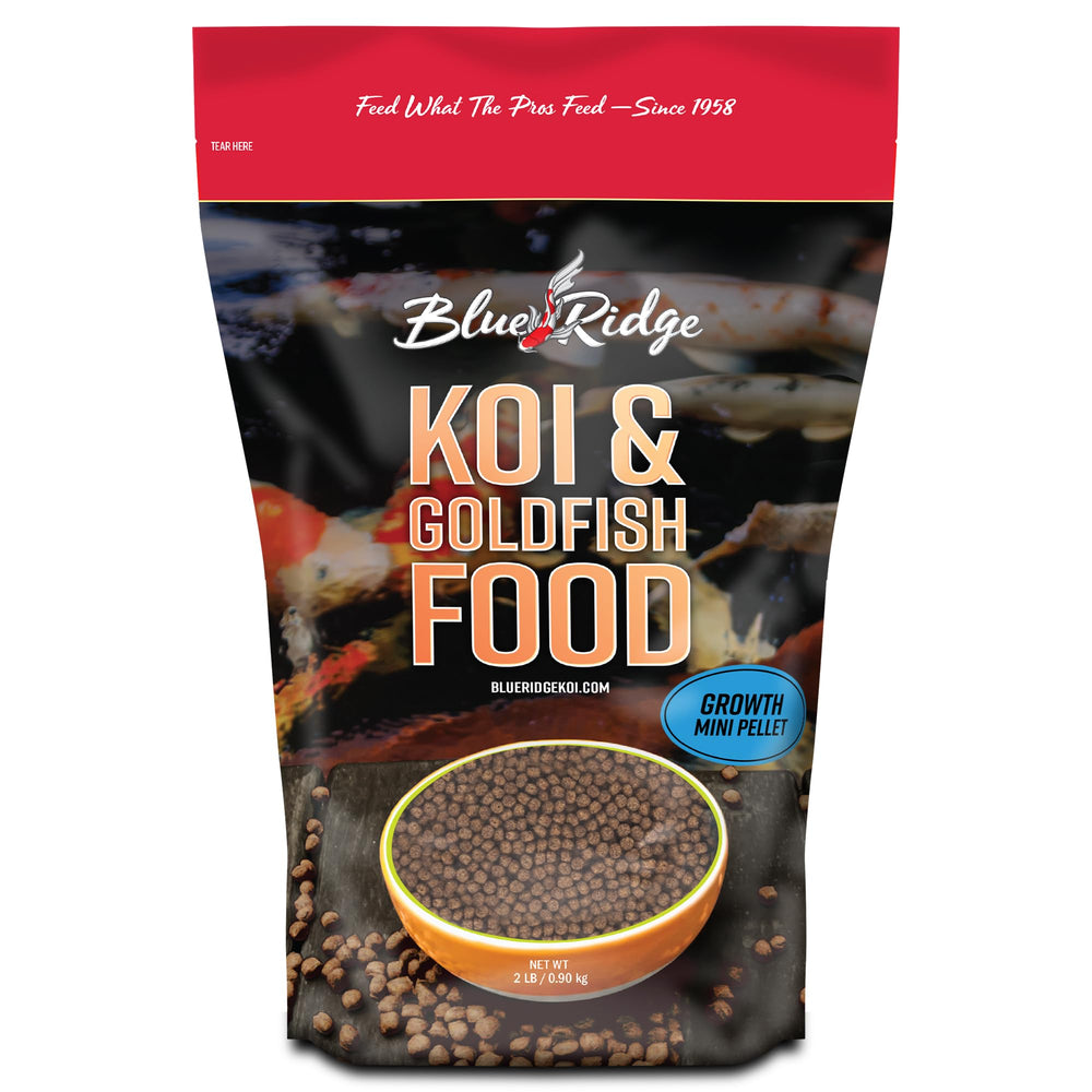 Blue Ridge Koi Food 2lb bag shown for easy pond feeding and storage.