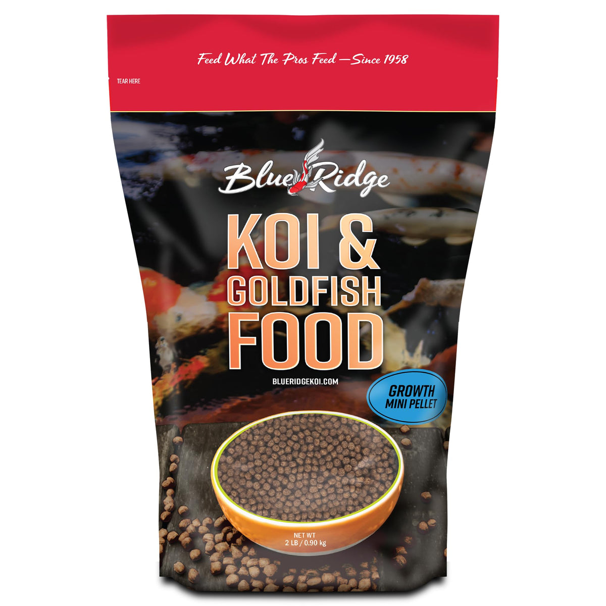 Blue Ridge Koi Food 2lb bag shown for easy pond feeding and storage.