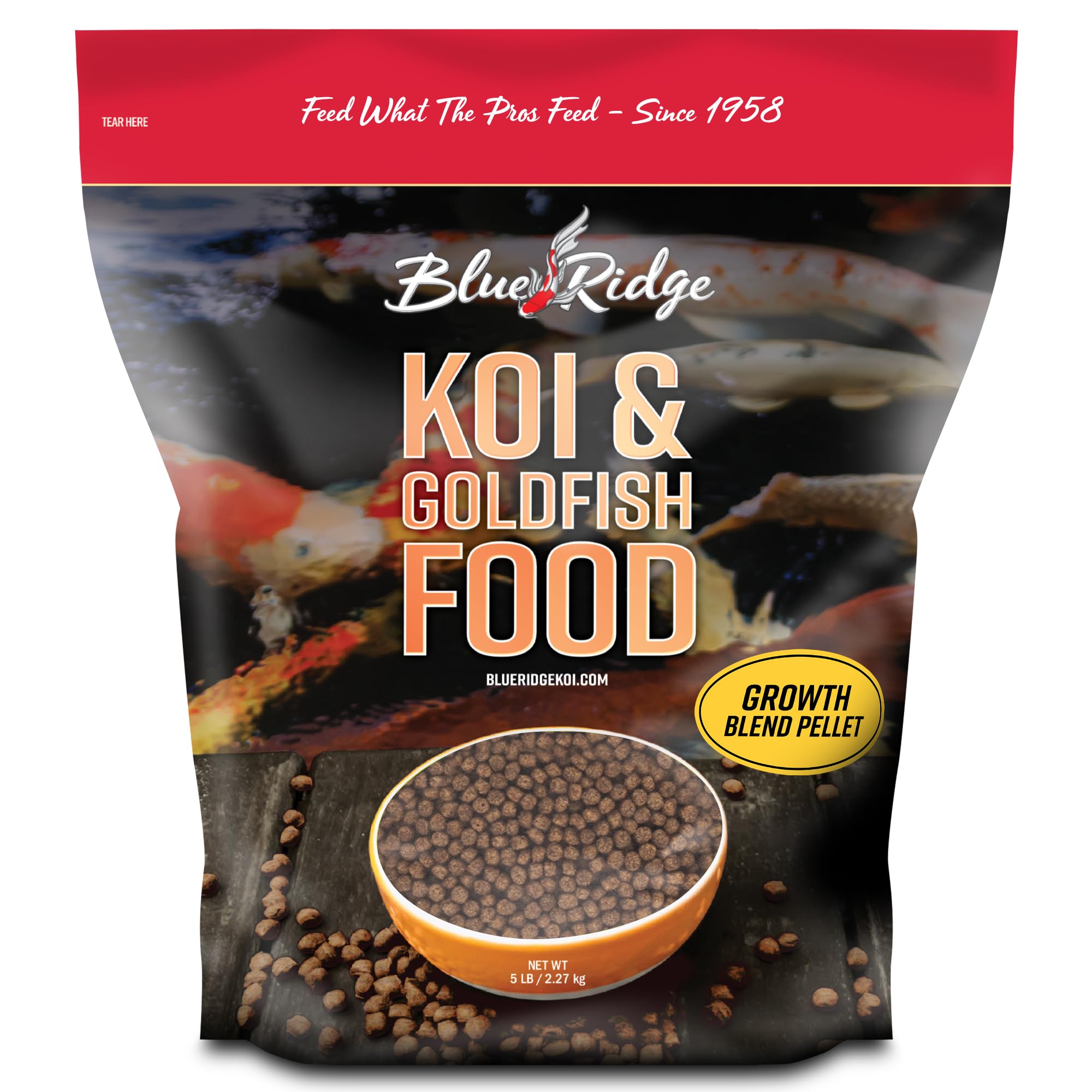 Blue Ridge Koi Food 5lb bag with logo supports balanced growth