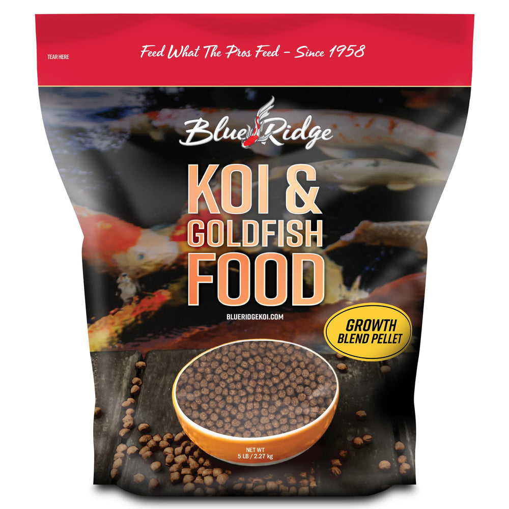 Blue Ridge Koi Food 5lb bag with logo supports balanced growth
