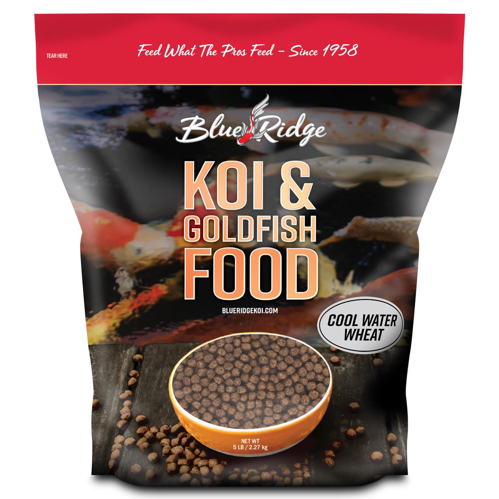 Blue Ridge Koi Food 5lb pellets for cool-water feeding.