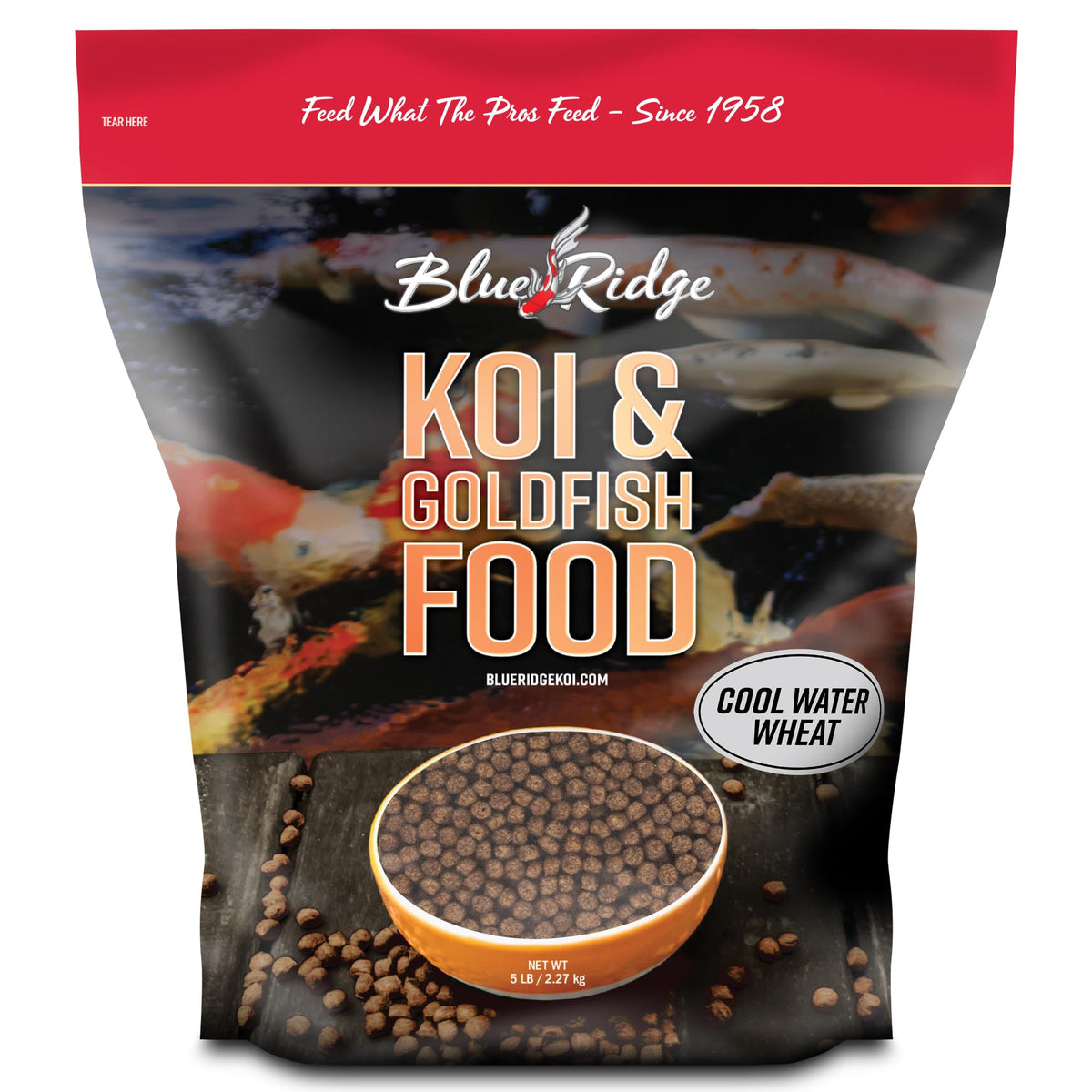 Blue Ridge Koi Food 5lb pellets for cool-water feeding.