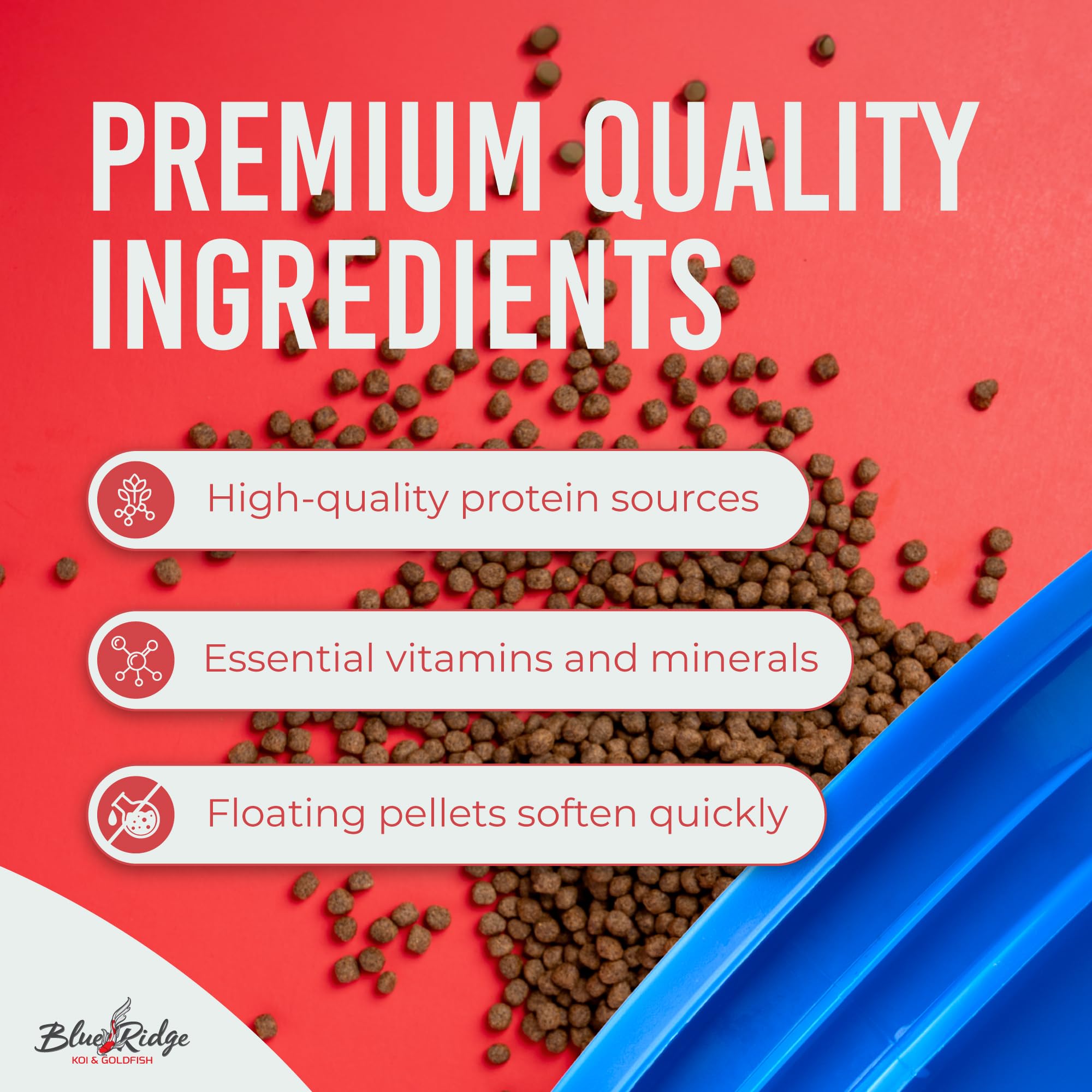 Blue Ridge Koi Food canthaxanthin boost shows vibrant color potential.
