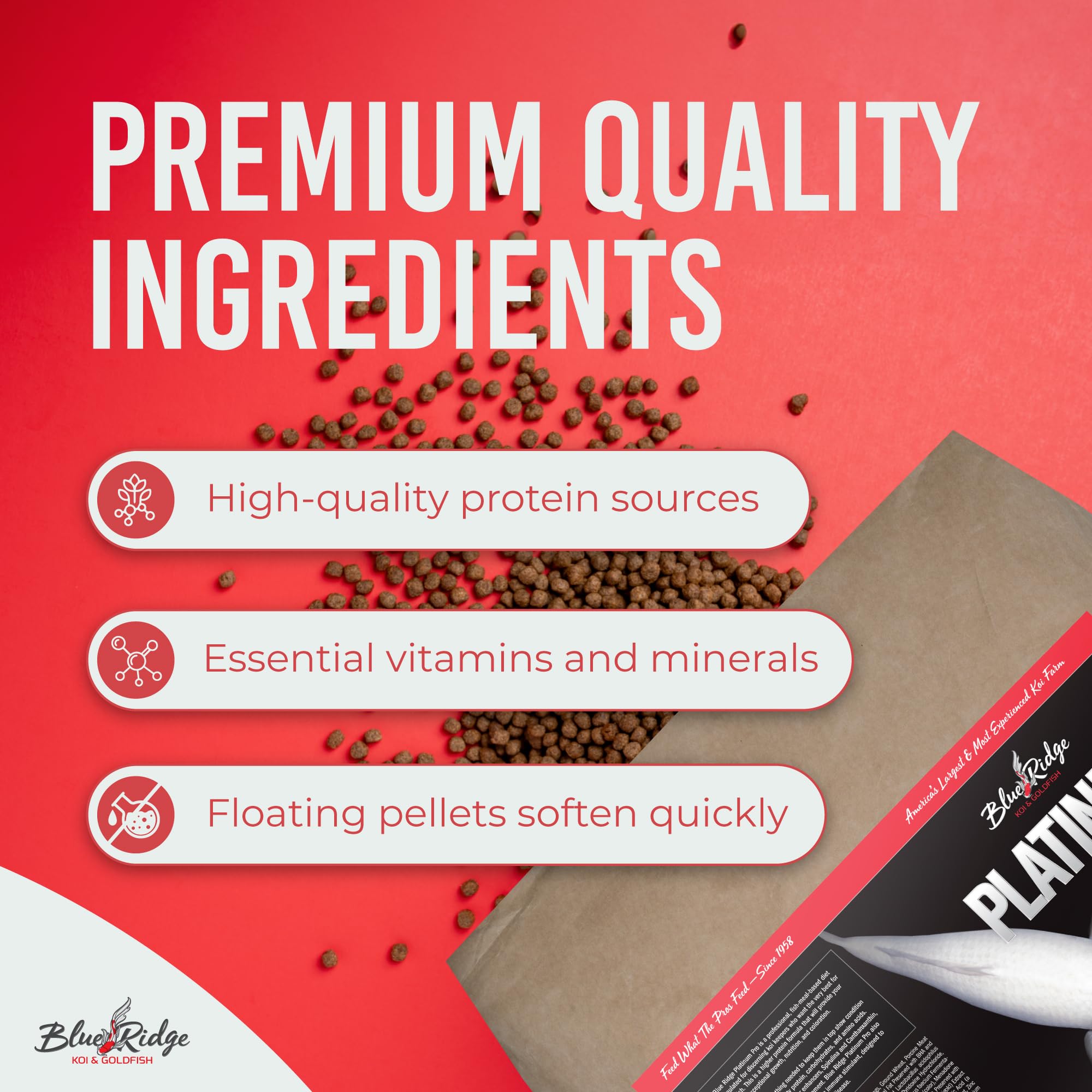 Blue Ridge Koi Food color enhancer boosts vibrancy with spirulina and canthaxanthin