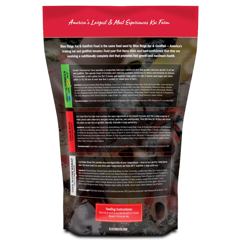 Blue Ridge Koi Food color-rich formula ingredients support vivid koi and goldfish color.