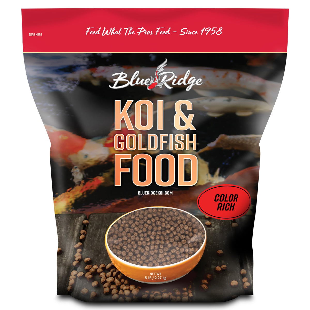 Blue Ridge Koi Food color-rich pellets highlight vibrant koi colors.