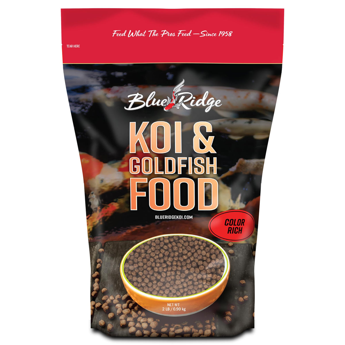 Blue Ridge Koi Food floating pellets 2lb feed for easy, steady pond meals.