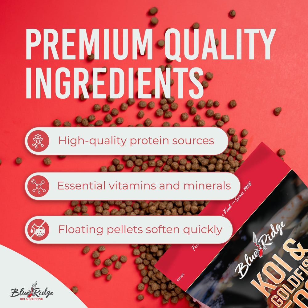 Blue Ridge Koi Food growth formula fuels healthy color and vitality in koi.
