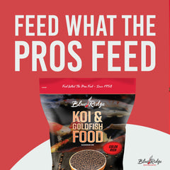 Blue Ridge Koi Food marigold-spirulina-canthaxanthin enhances color depth.