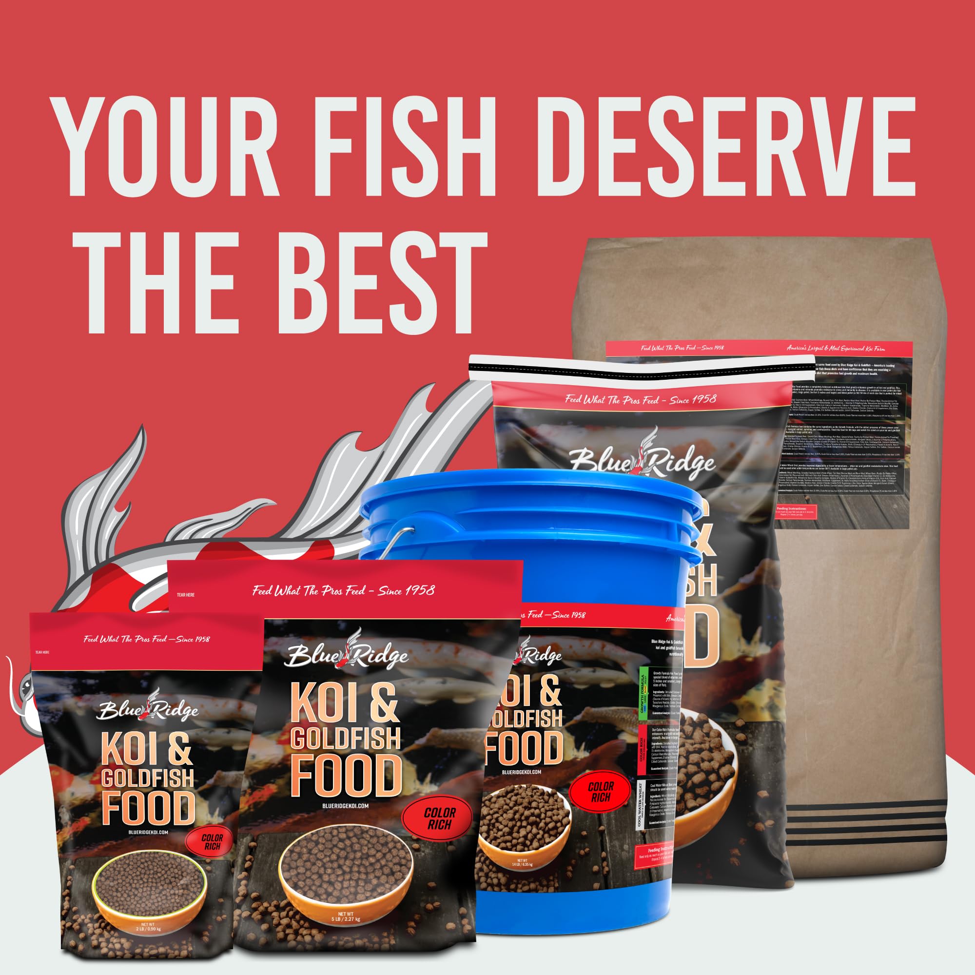 Blue Ridge Koi Food money-back guarantee badge signals confident pond care choice.