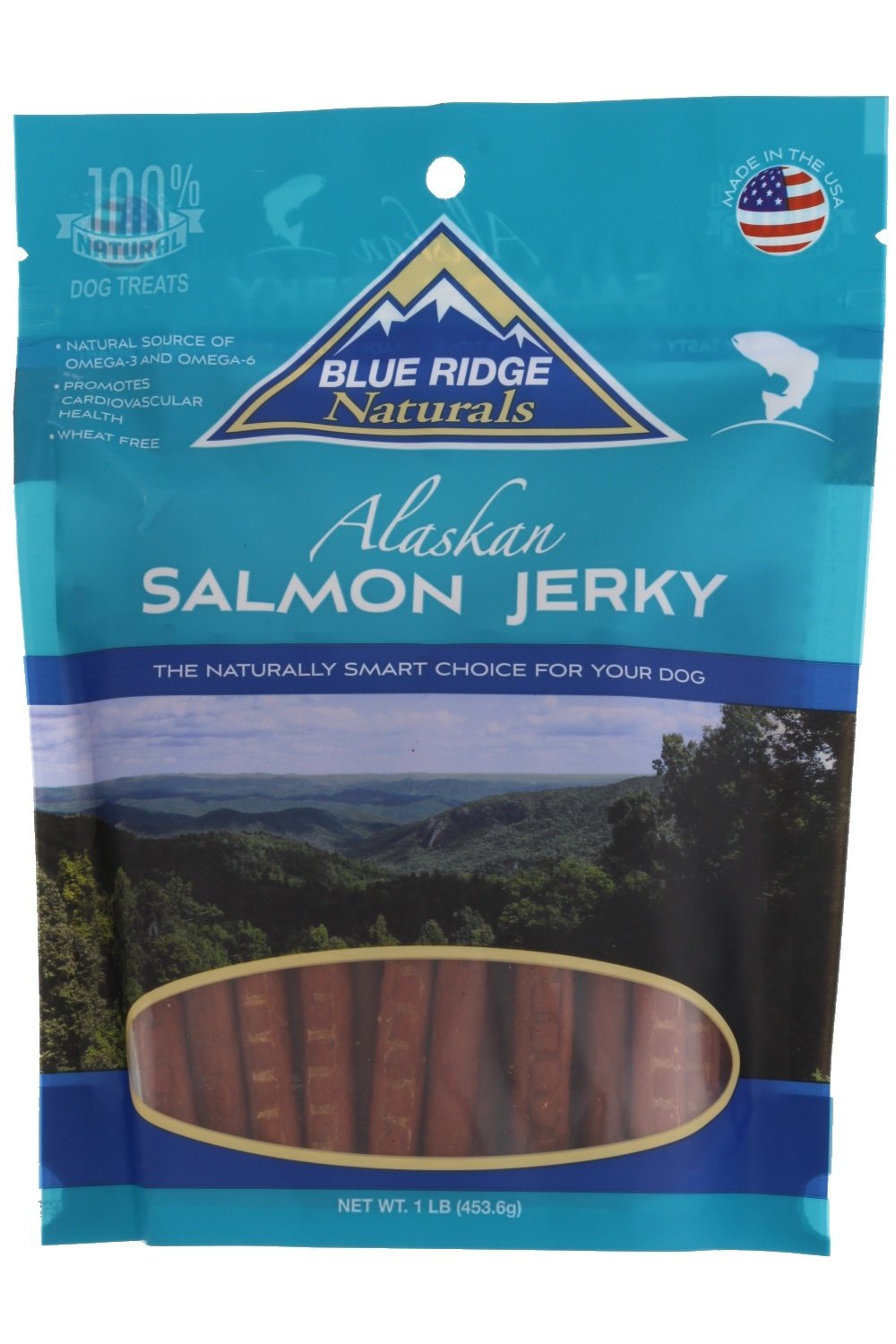 Blue Ridge Naturals oven-baked salmon jerky 1lb bag—wheat-free and USA-made.