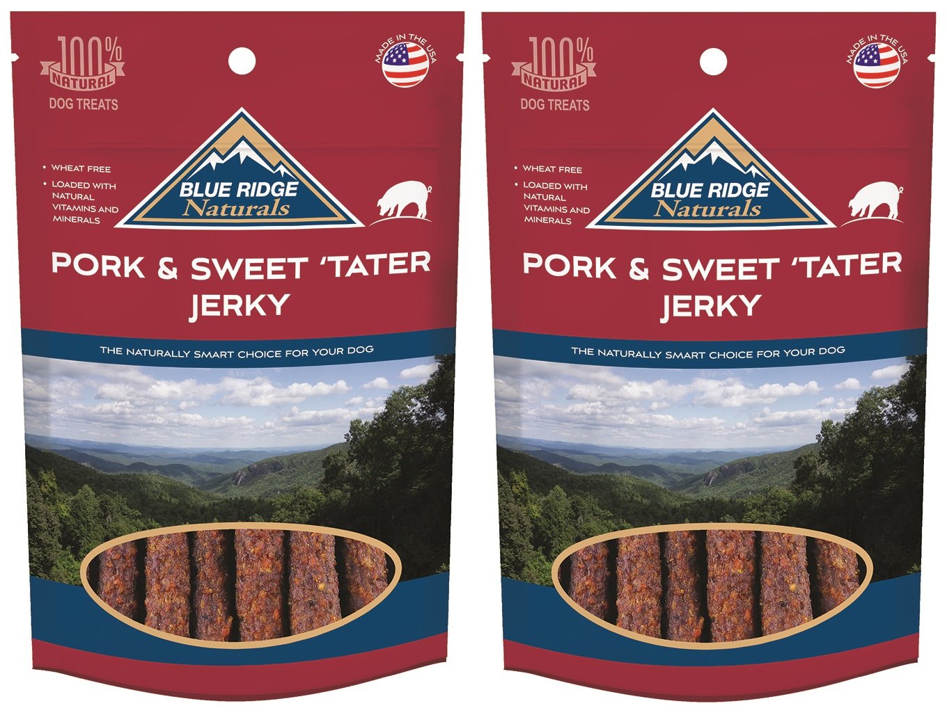 Blue Ridge Naturals pork-sweet-potato-jerky-12oz pack for tasty training rewards.