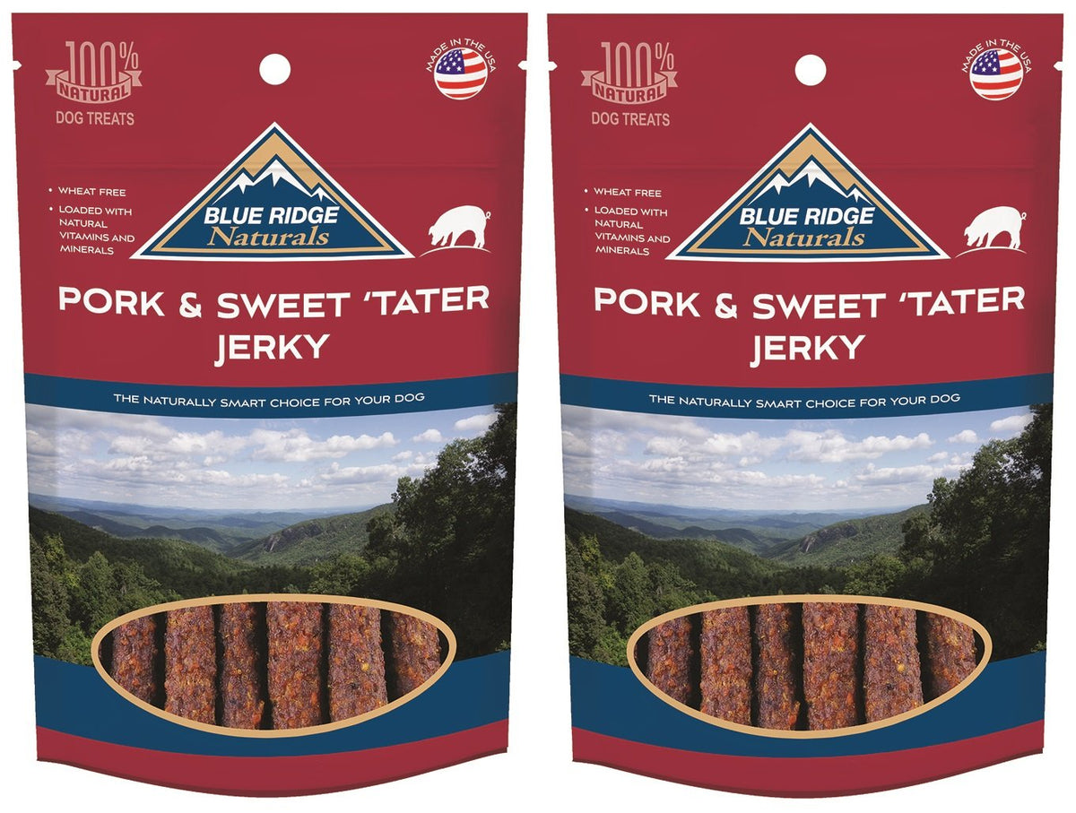 Blue Ridge Naturals pork-sweet-potato-jerky-12oz pack for tasty training rewards.