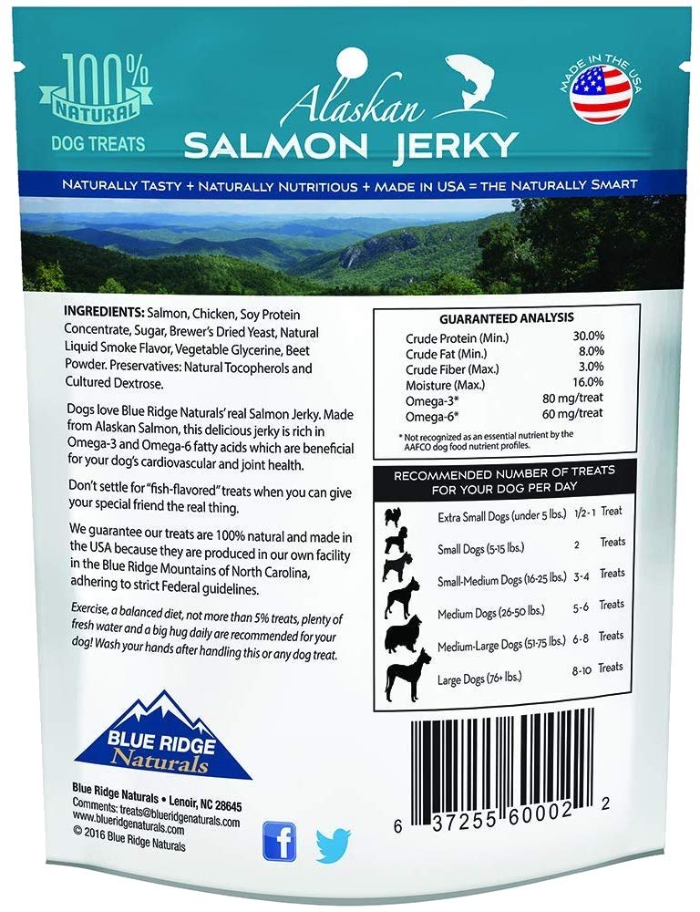 Blue Ridge Naturals salmon jerky oven-baked dog treats side view for dogs of all sizes
