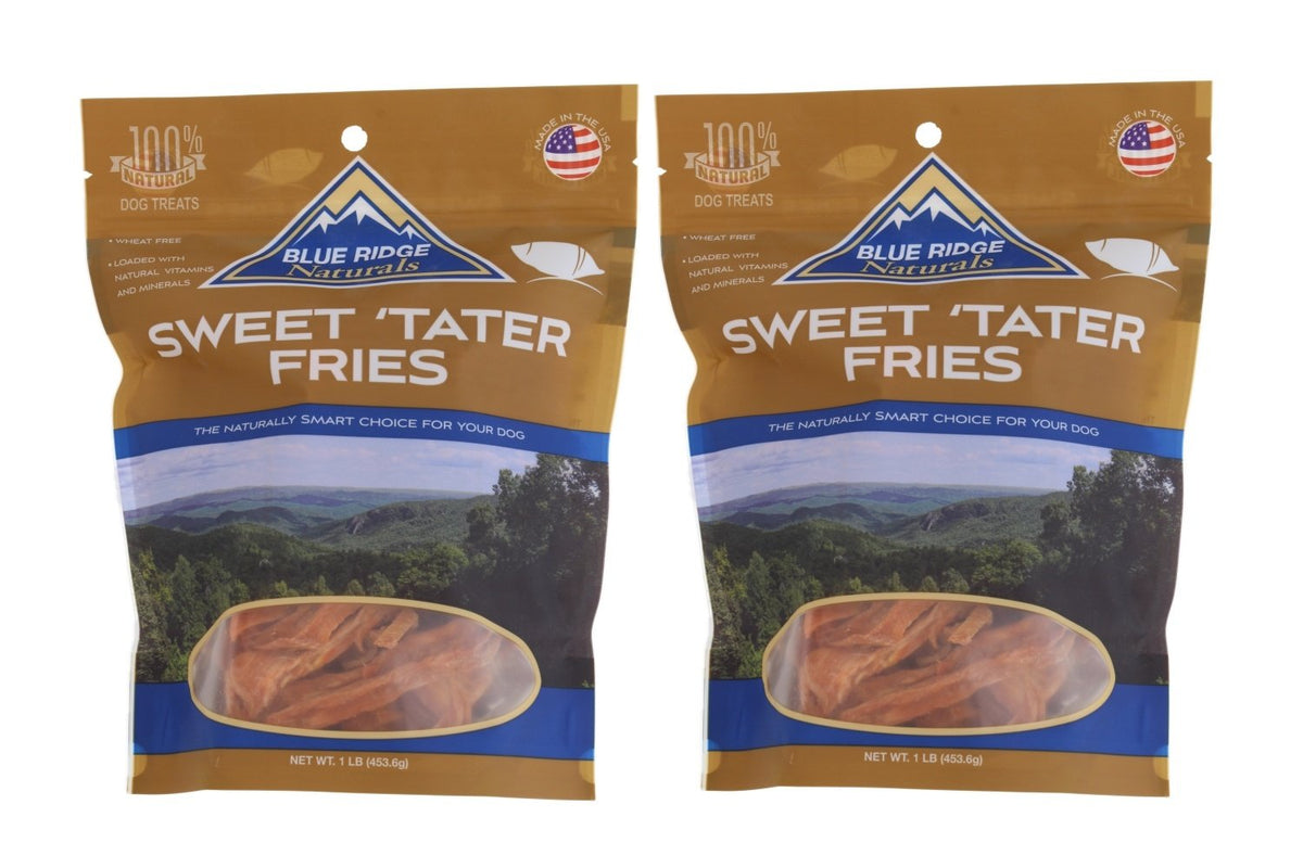 Blue Ridge Naturals Sweet Tater Fries 2-Pack on display; 100% natural treats for dogs.