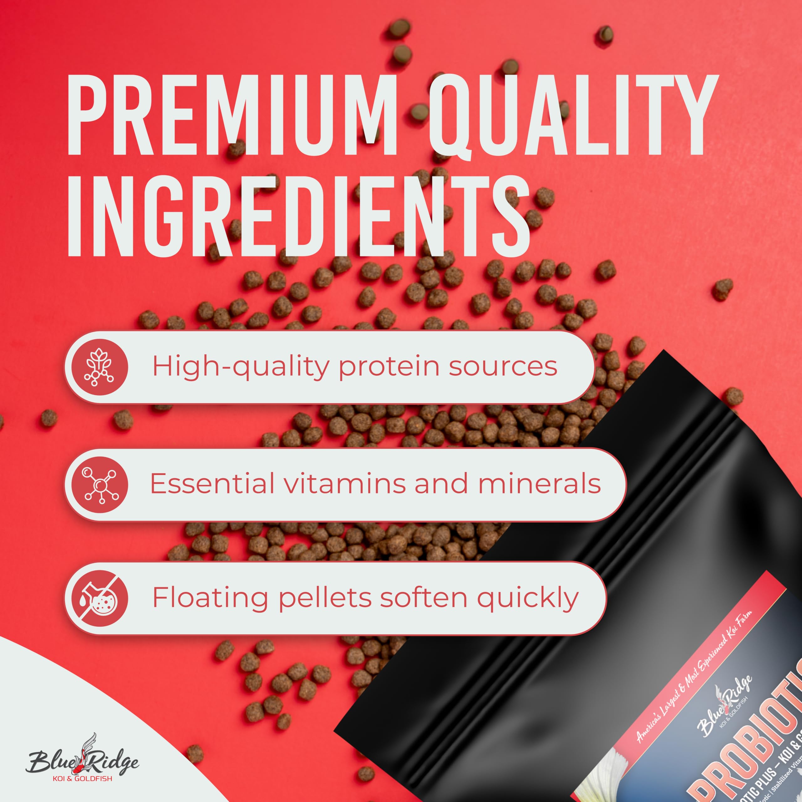 Blue Ridge Probiotic Plus floating pellets being dispensed on water surface