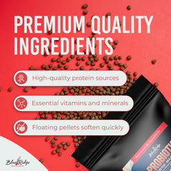 Blue Ridge Probiotic Plus floating pellets being dispensed on water surface