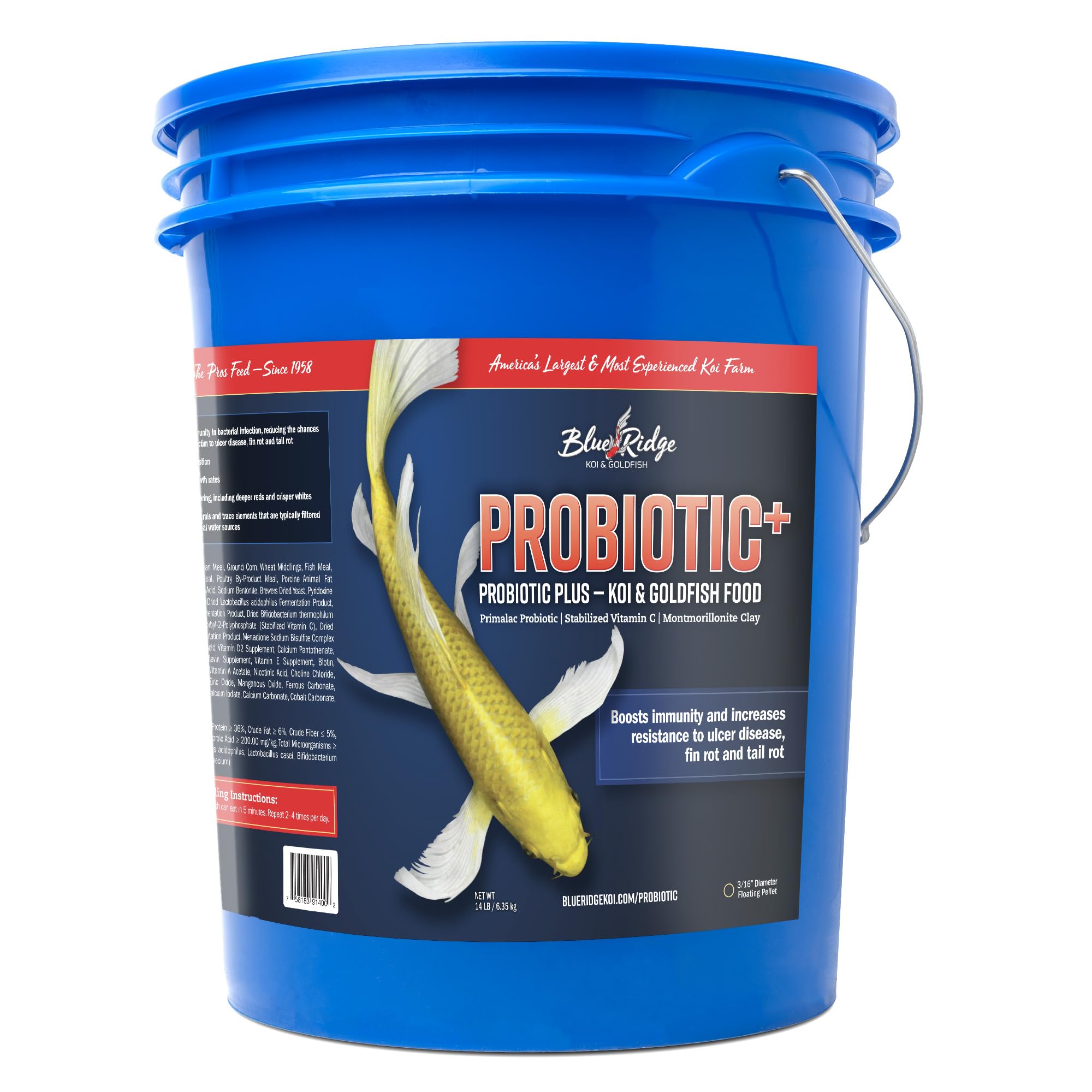 Blue Ridge Probiotic Plus koi food bag front highlighting probiotic formula for digestion
