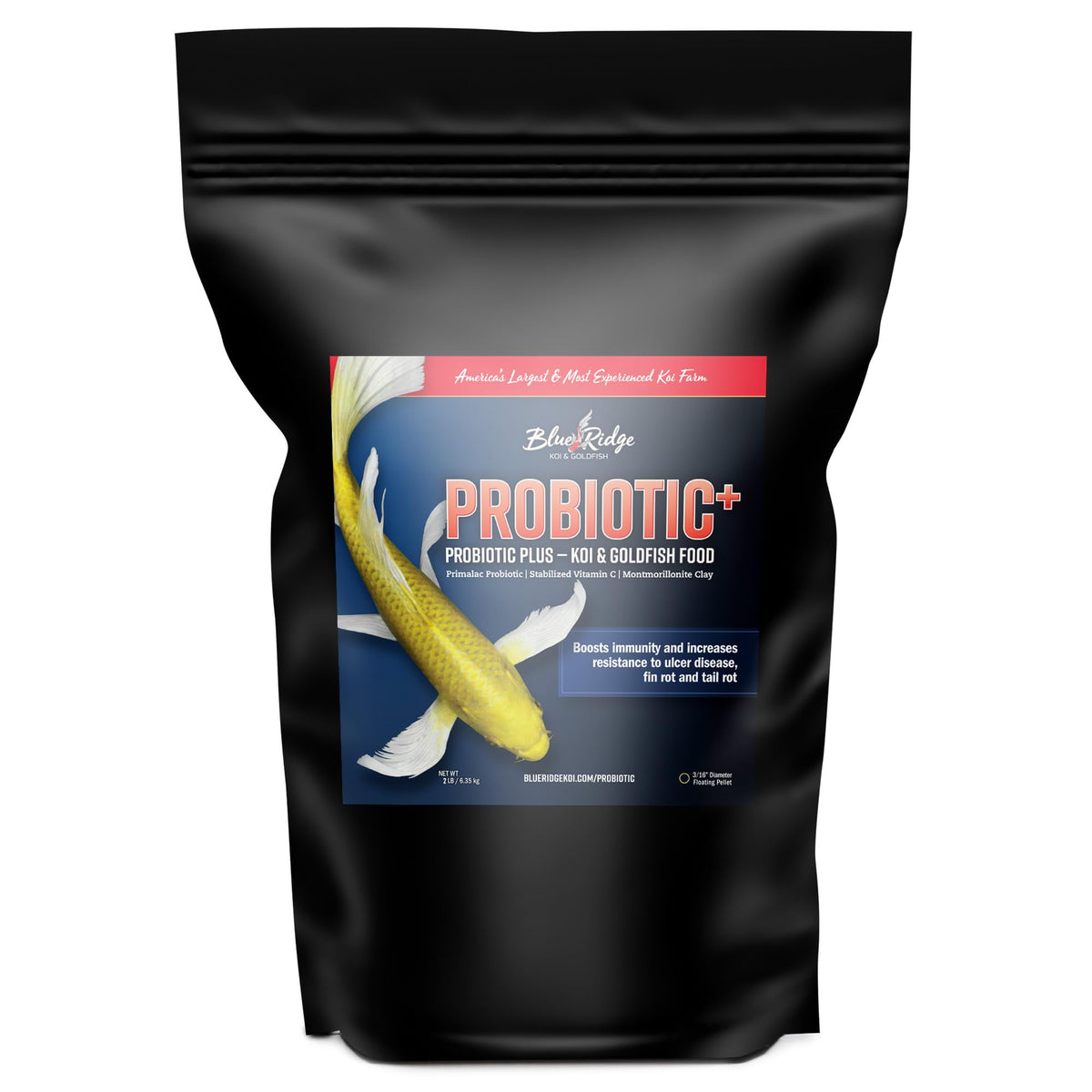 Blue Ridge Probiotic Plus koi food bag highlighting probiotic formula for koi health