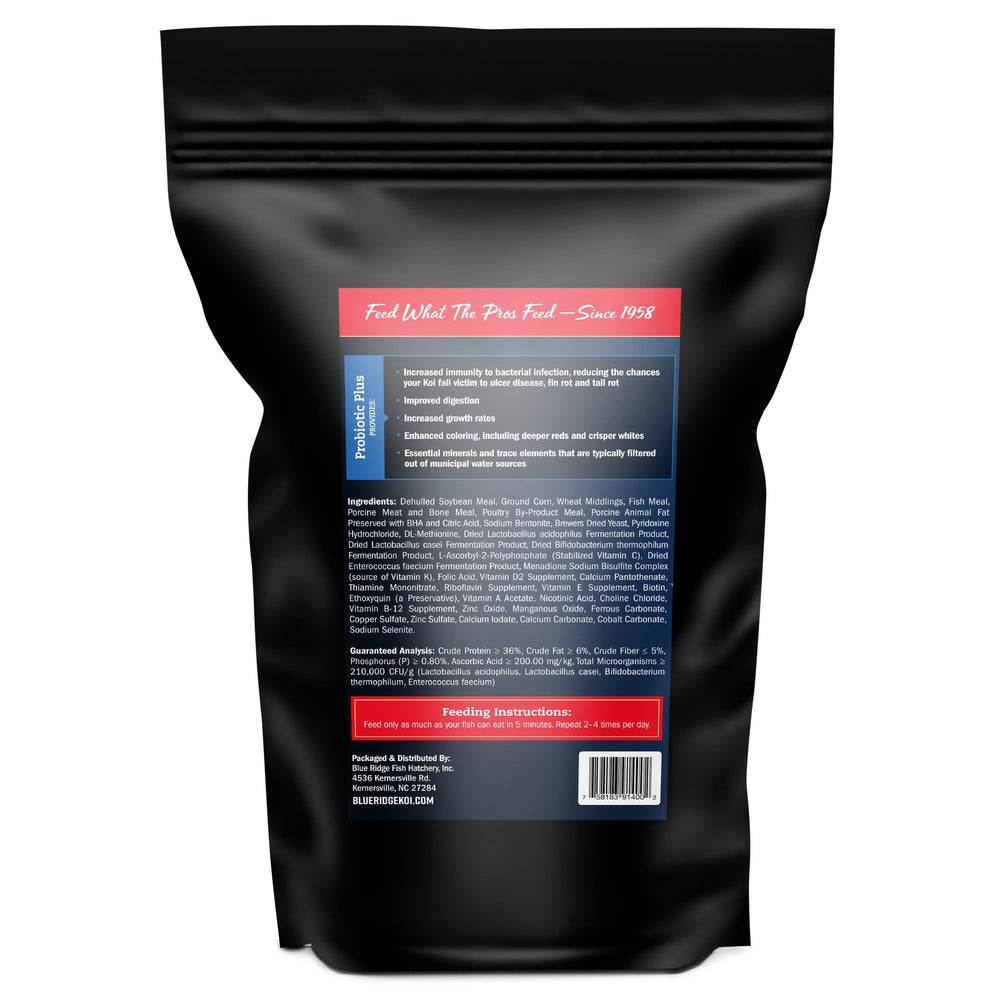 Blue Ridge Probiotic Plus pellets close-up showing 3/16-inch floating feed