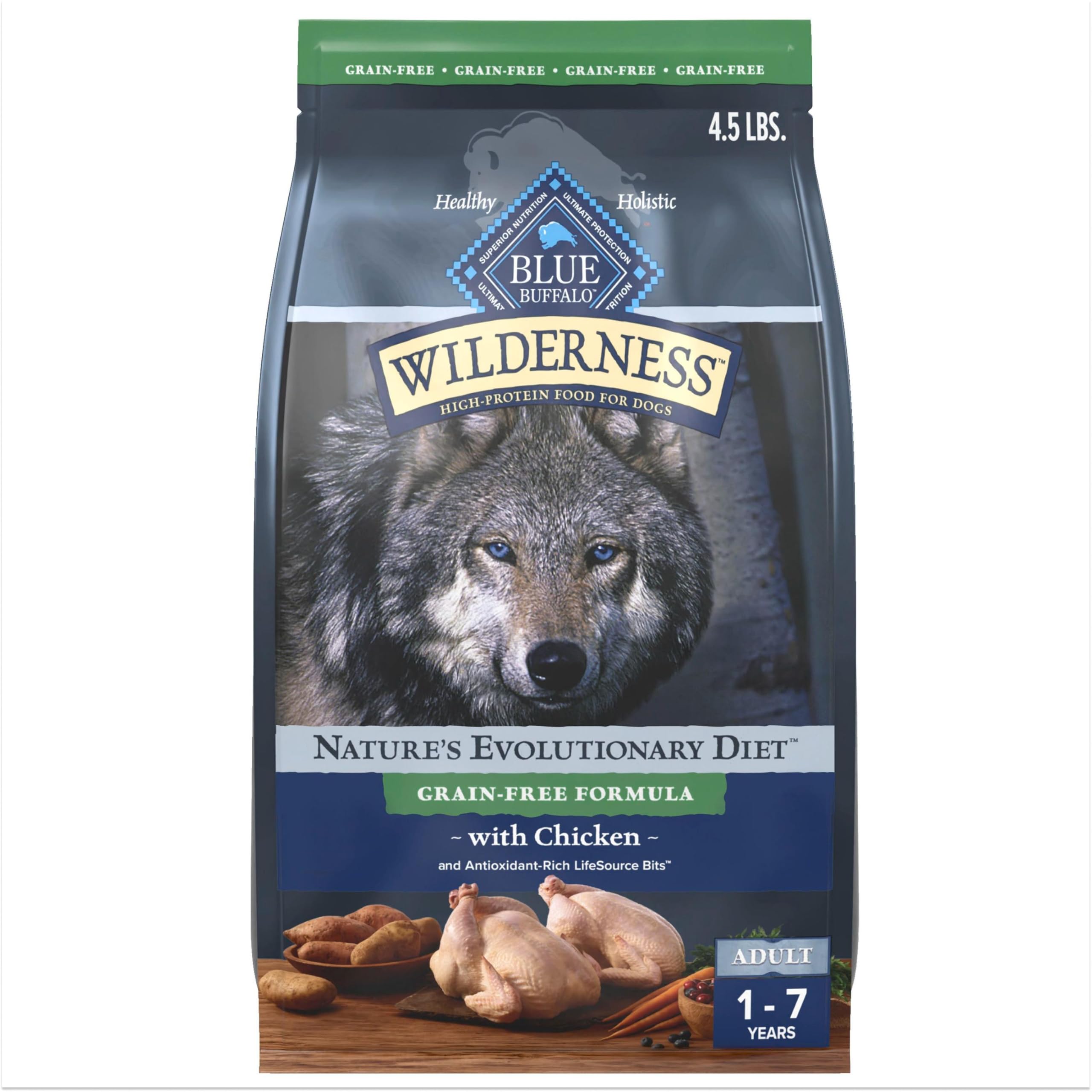 Blue Wilderness real-chicken kibble in bag supports lean muscles for adult dogs.