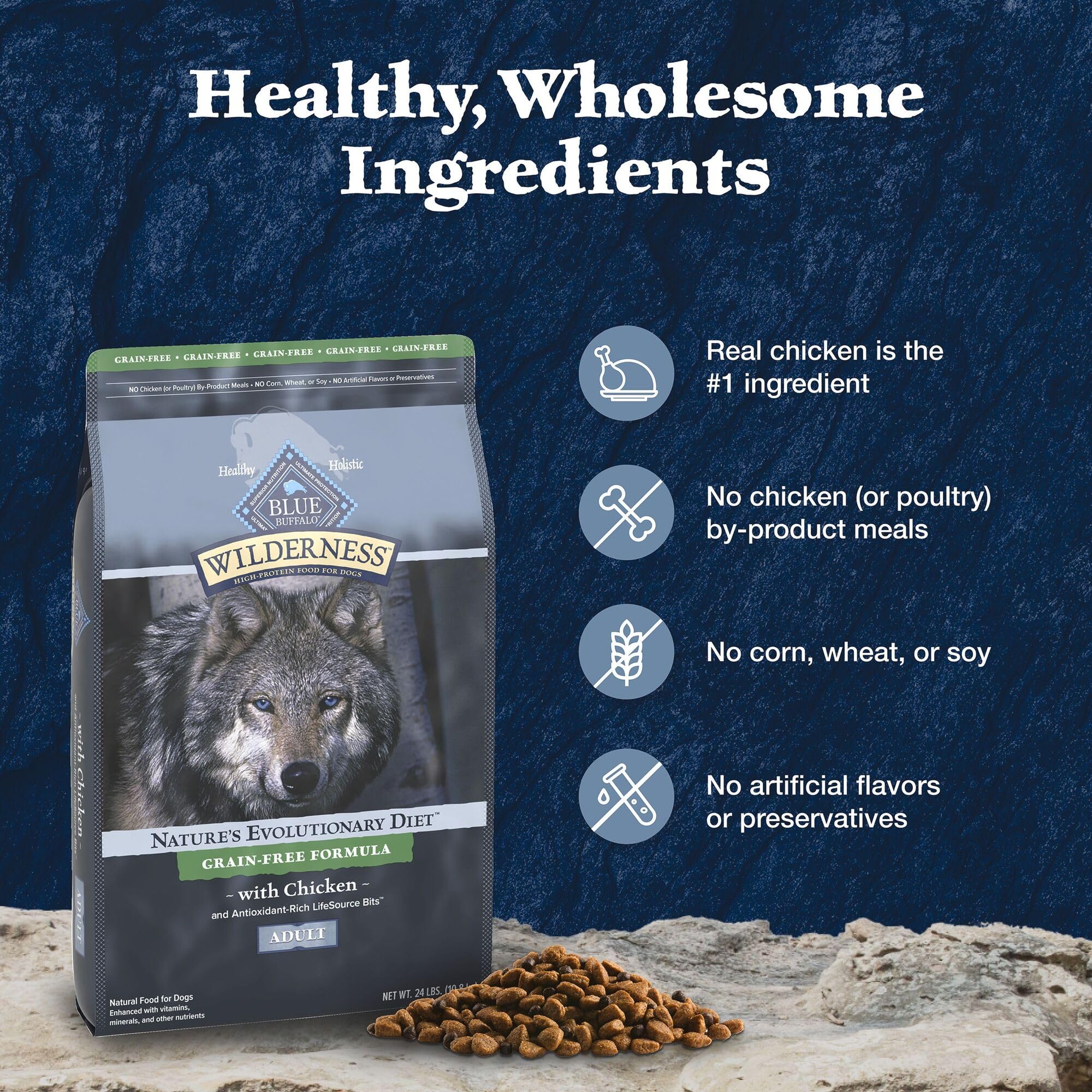 Blue Wilderness artificial flavors-free seal communicates preservative-free formulation.