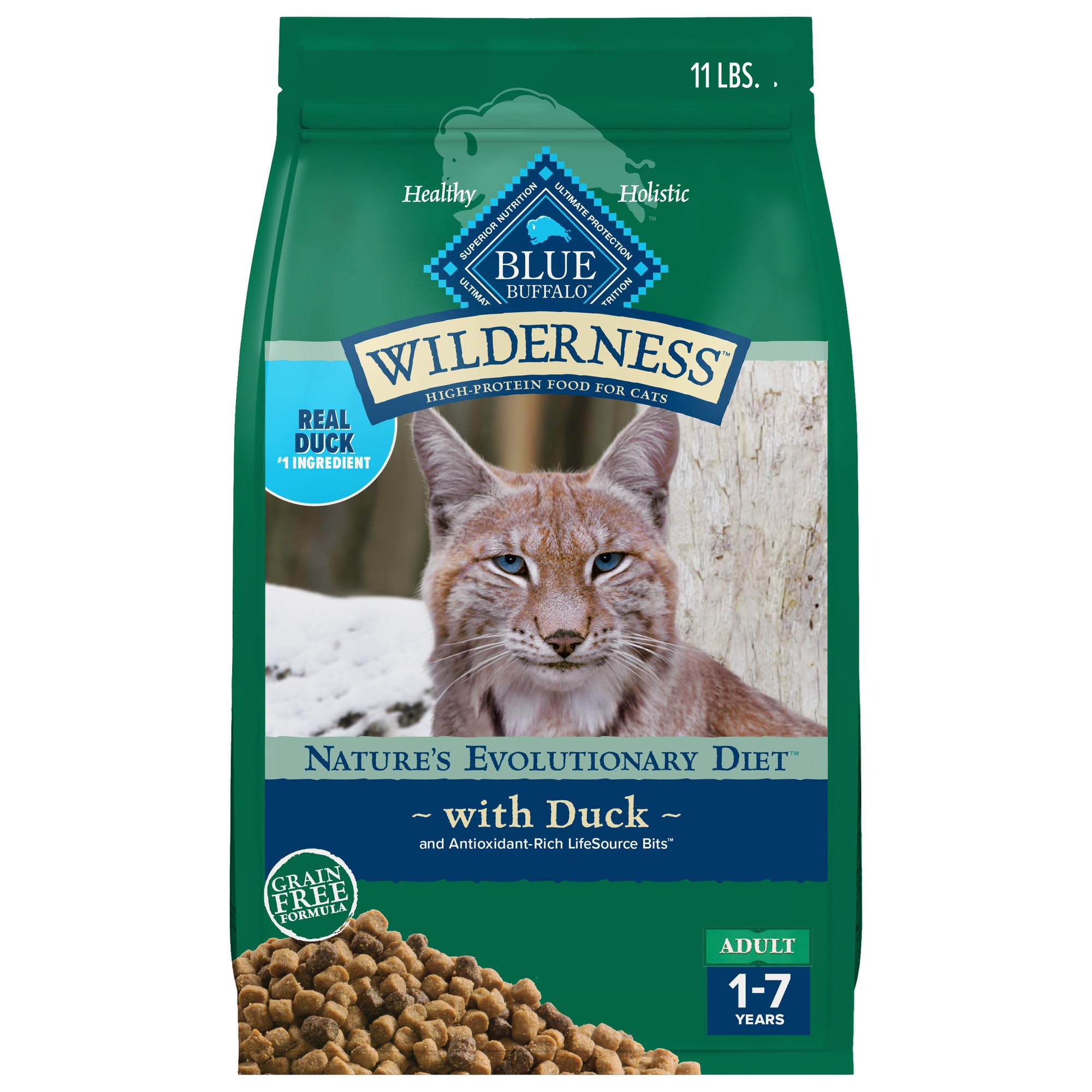 Blue Wilderness Duck Recipe bag shows real duck first; protein-packed dry food for adult cats.