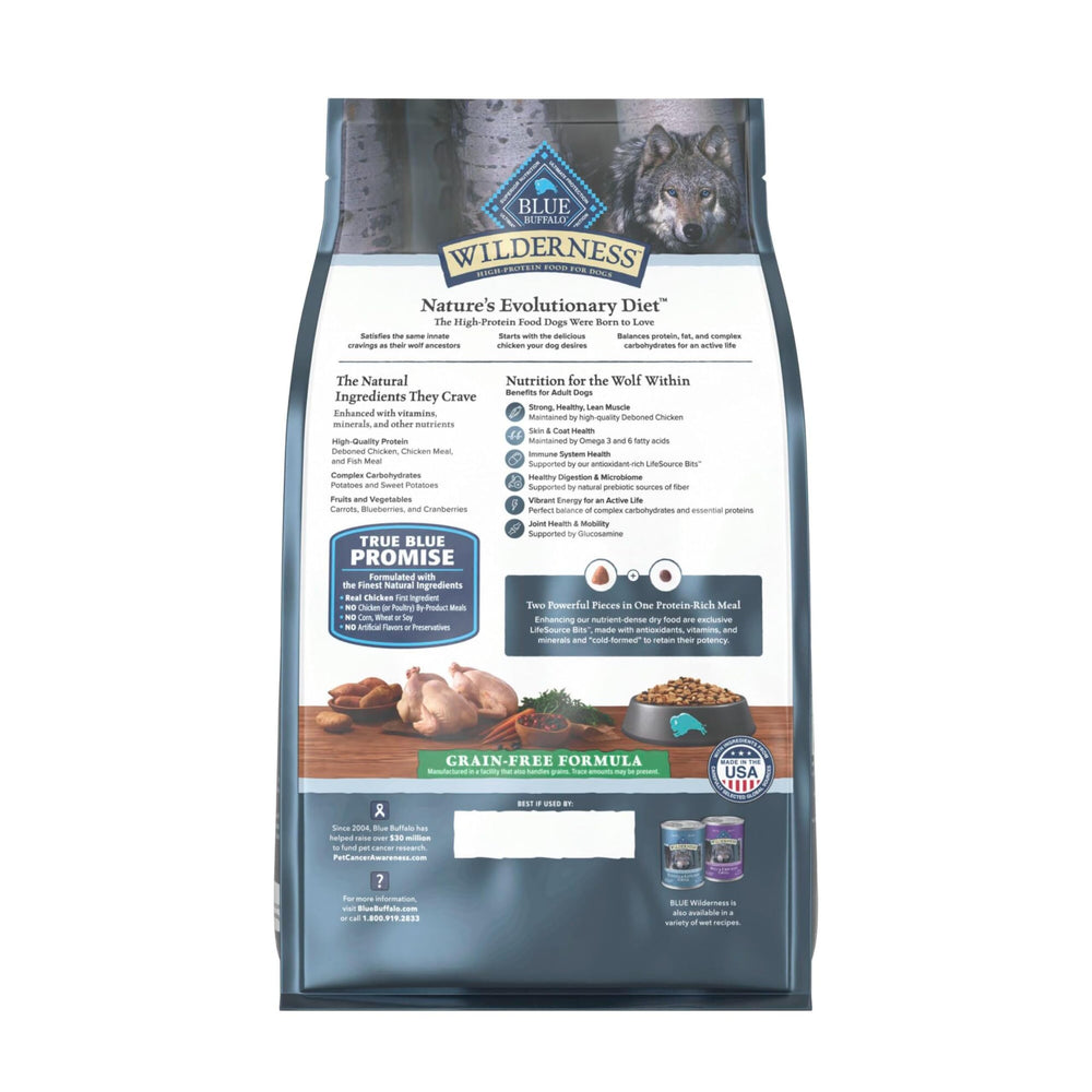 Blue Wilderness grain-free kibble with potatoes supports steady energy for active dogs.