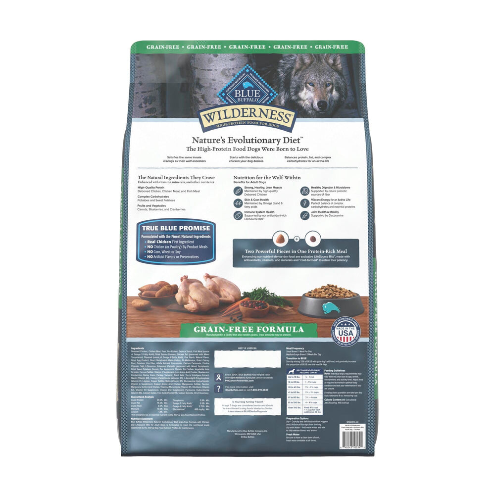 Blue Wilderness grain-free recipe bowl shows balanced nutrition for active dogs.