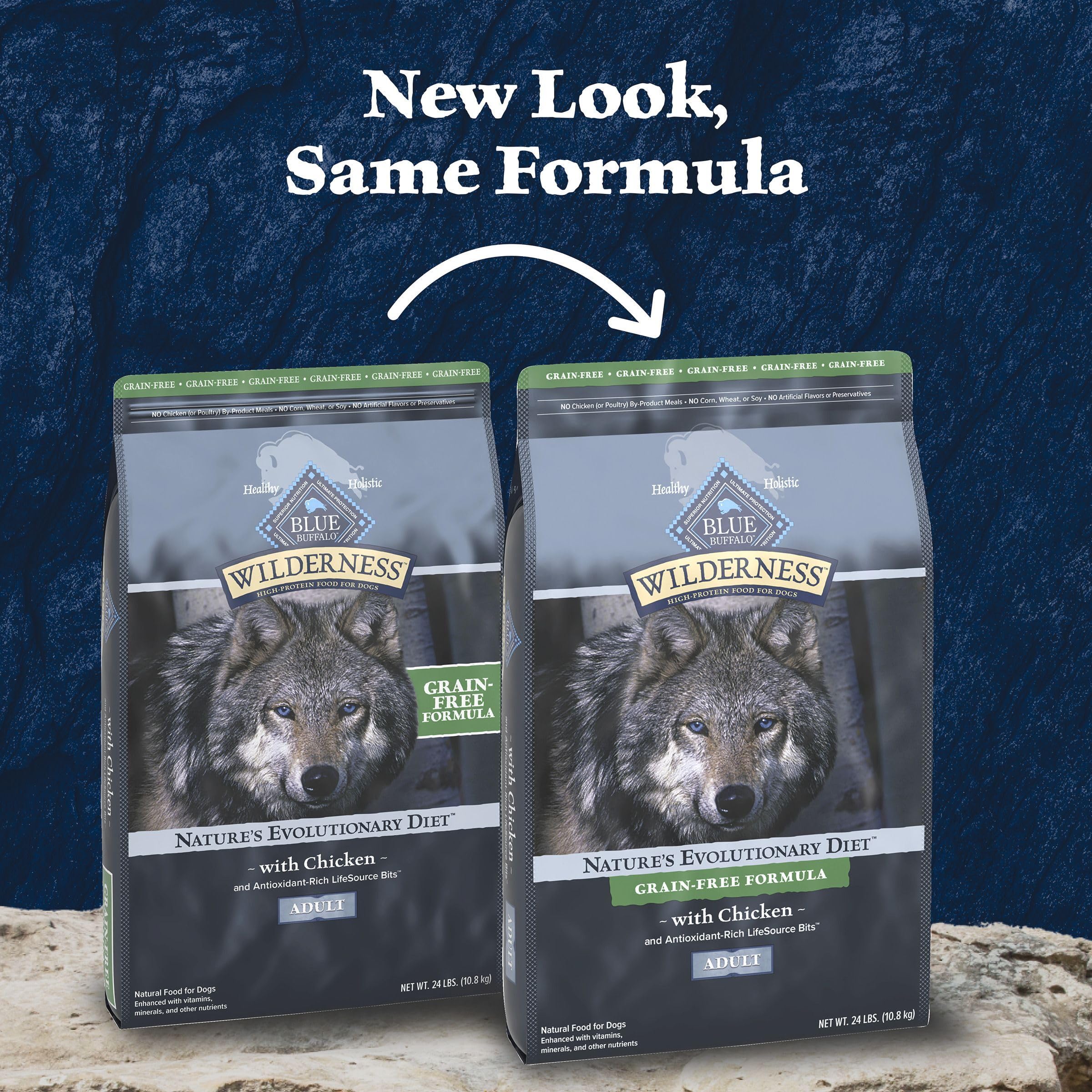 Blue Wilderness high-protein chicken chunks emphasize real meat as first ingredient.