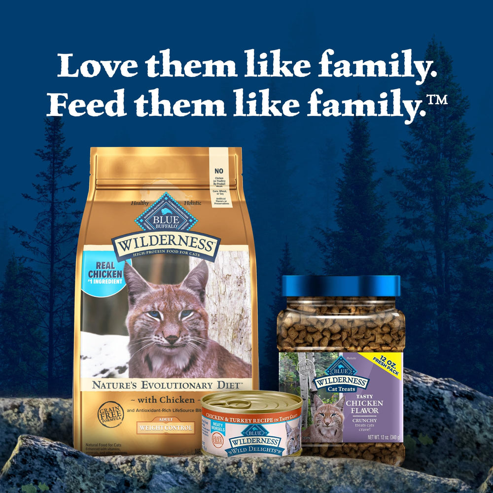 Blue Wilderness no chicken by-product meals claim on packaging.