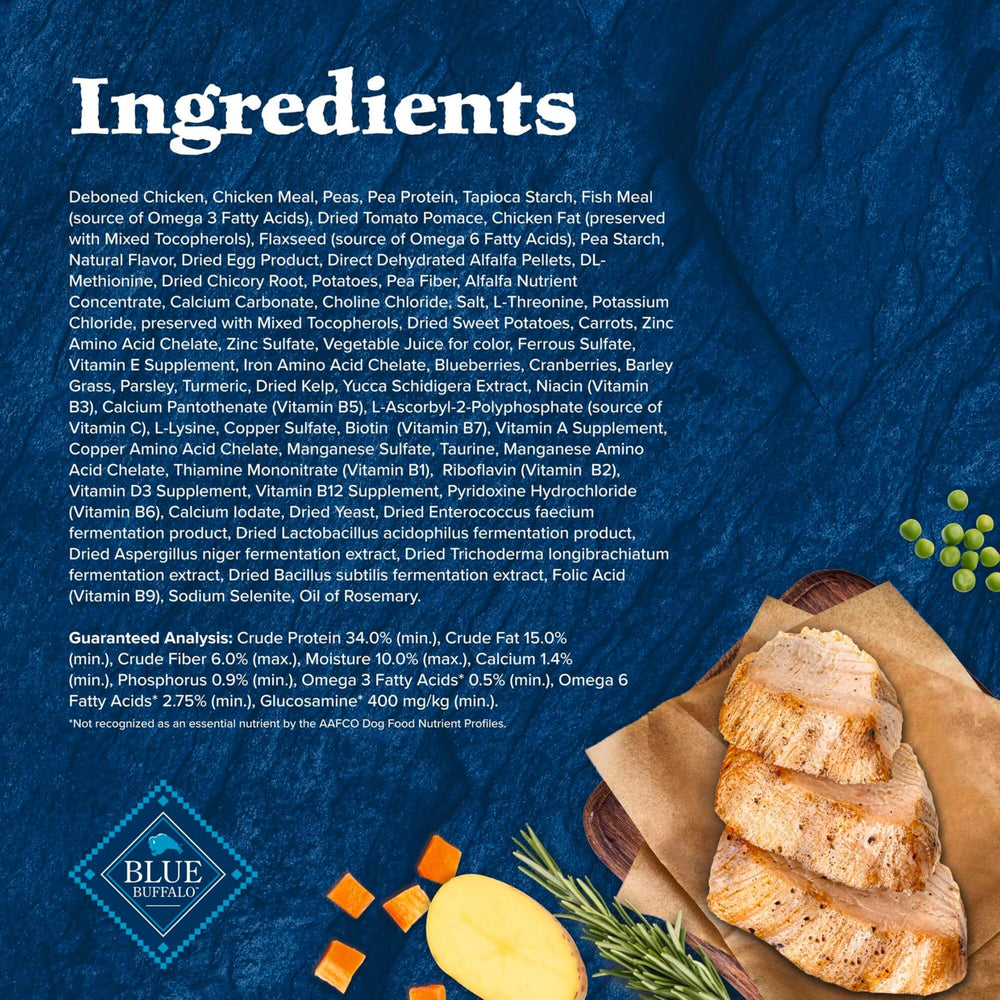 Blue Wilderness real-chicken-first-ingredient kibble fuels protein-rich meals for adults.