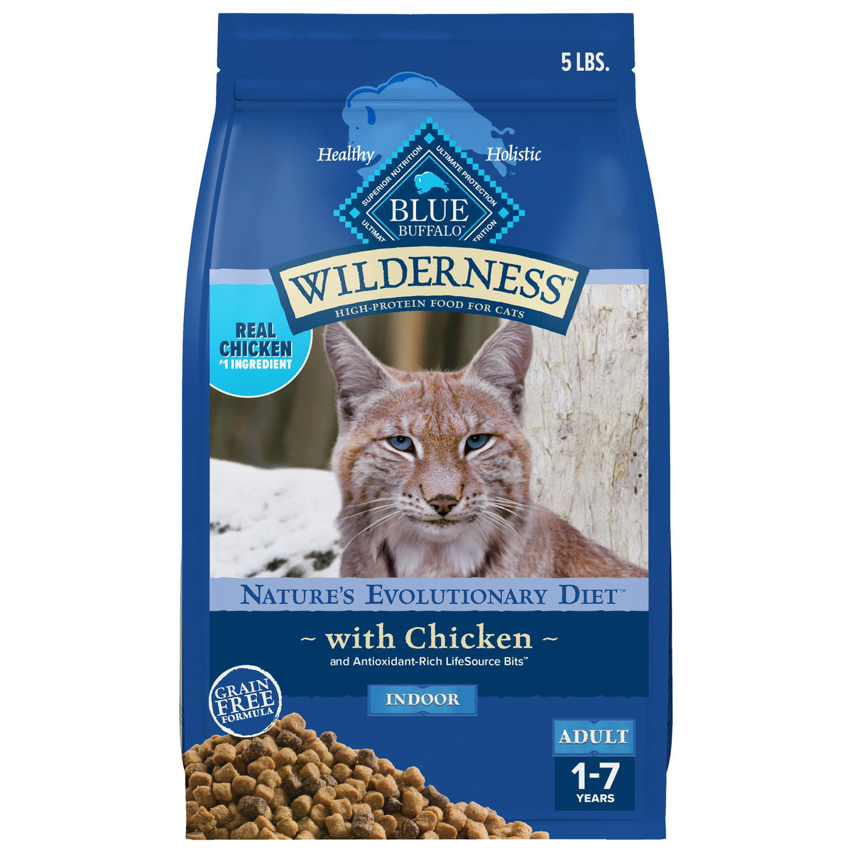 Blue Wilderness real chicken first ingredient highlights protein for adult indoor cats.