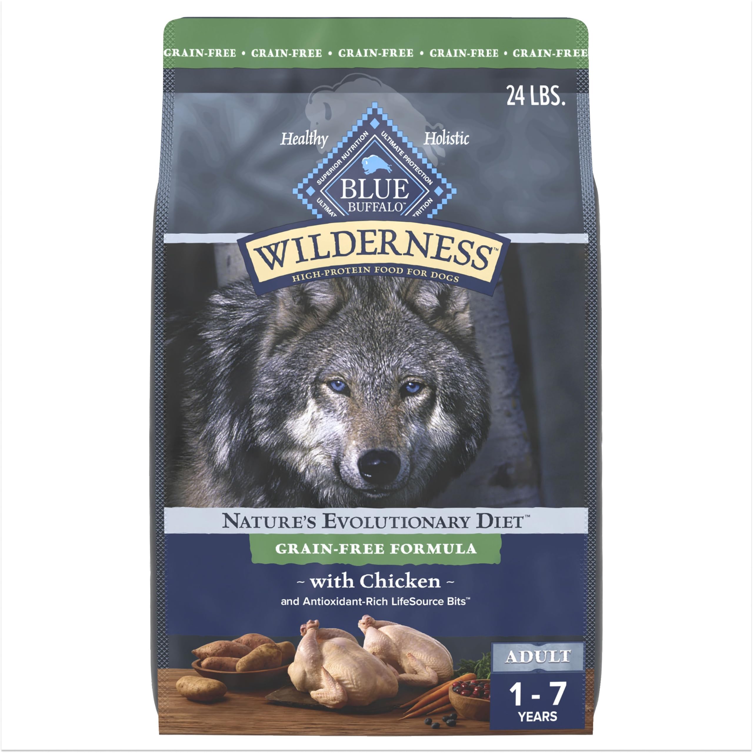 Blue Wilderness real-chicken front bag highlights grain-free, high-protein nutrition.