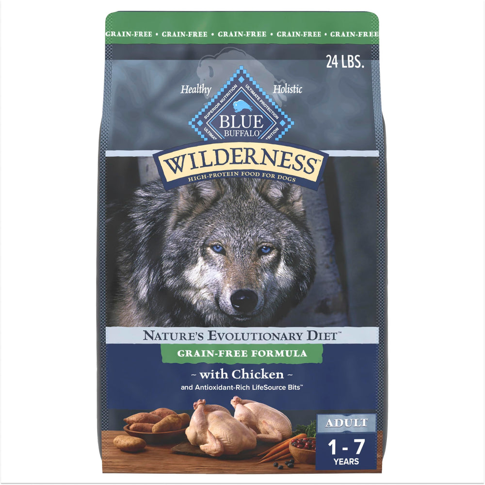 Blue Wilderness real-chicken front bag highlights grain-free, high-protein nutrition.