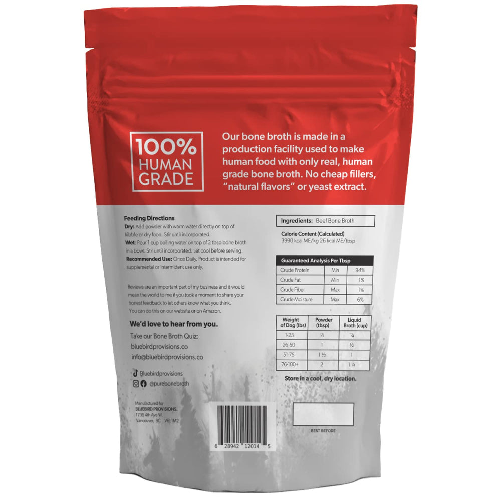 Cat safe BLUEBIRD PROVISIONS Beef Bone Broth close up indicates cross species use