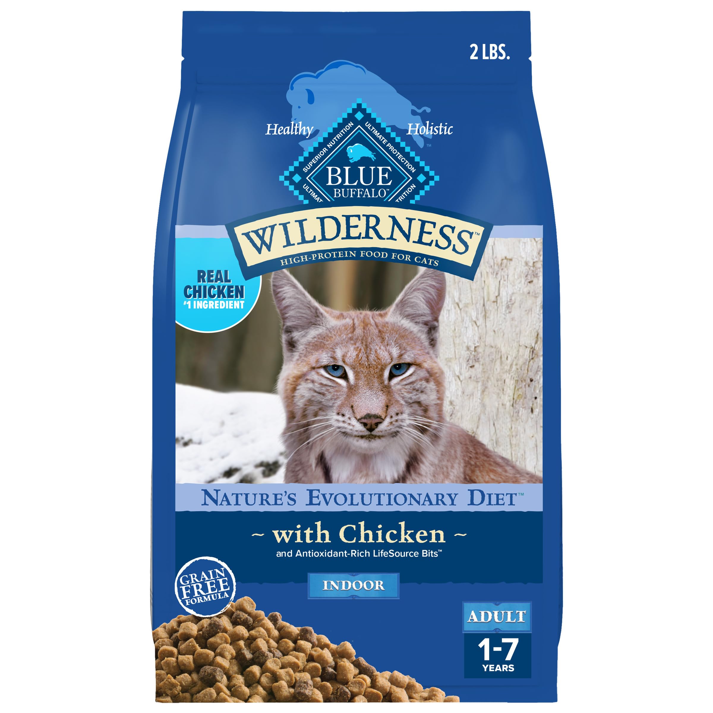 Blue Buffalo Wilderness real chicken-first ingredient dry cat food for protein-rich meals.