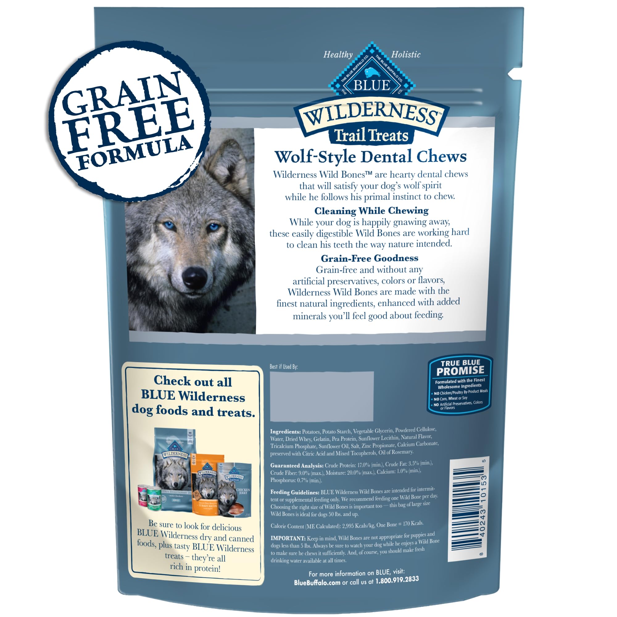 Blue Buffalo Wilderness Wild Bones large dental chew being chewed by a large dog for dental care