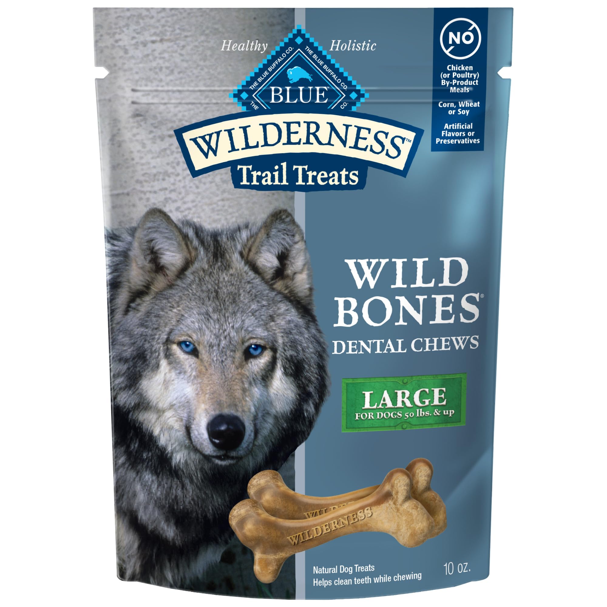 Blue Buffalo Wilderness Wild Bones large dental chew packaging highlighting grain-free ingredients