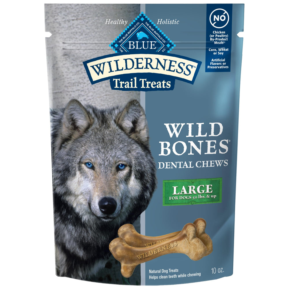 Blue Buffalo Wilderness Wild Bones large dental chew packaging highlighting grain-free ingredients