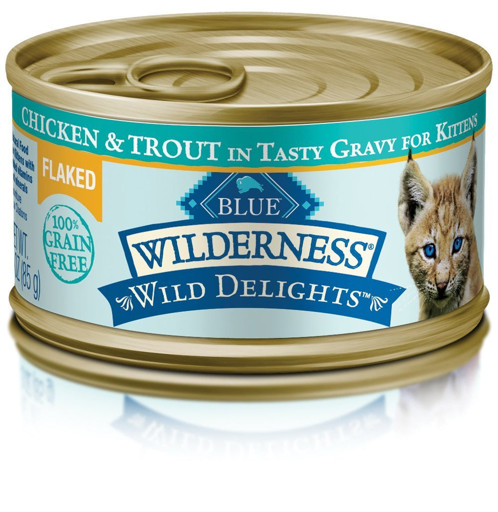Blue Buffalo Wilderness Wild Delights: flaked chicken and trout in gravy, ideal for growing kittens.