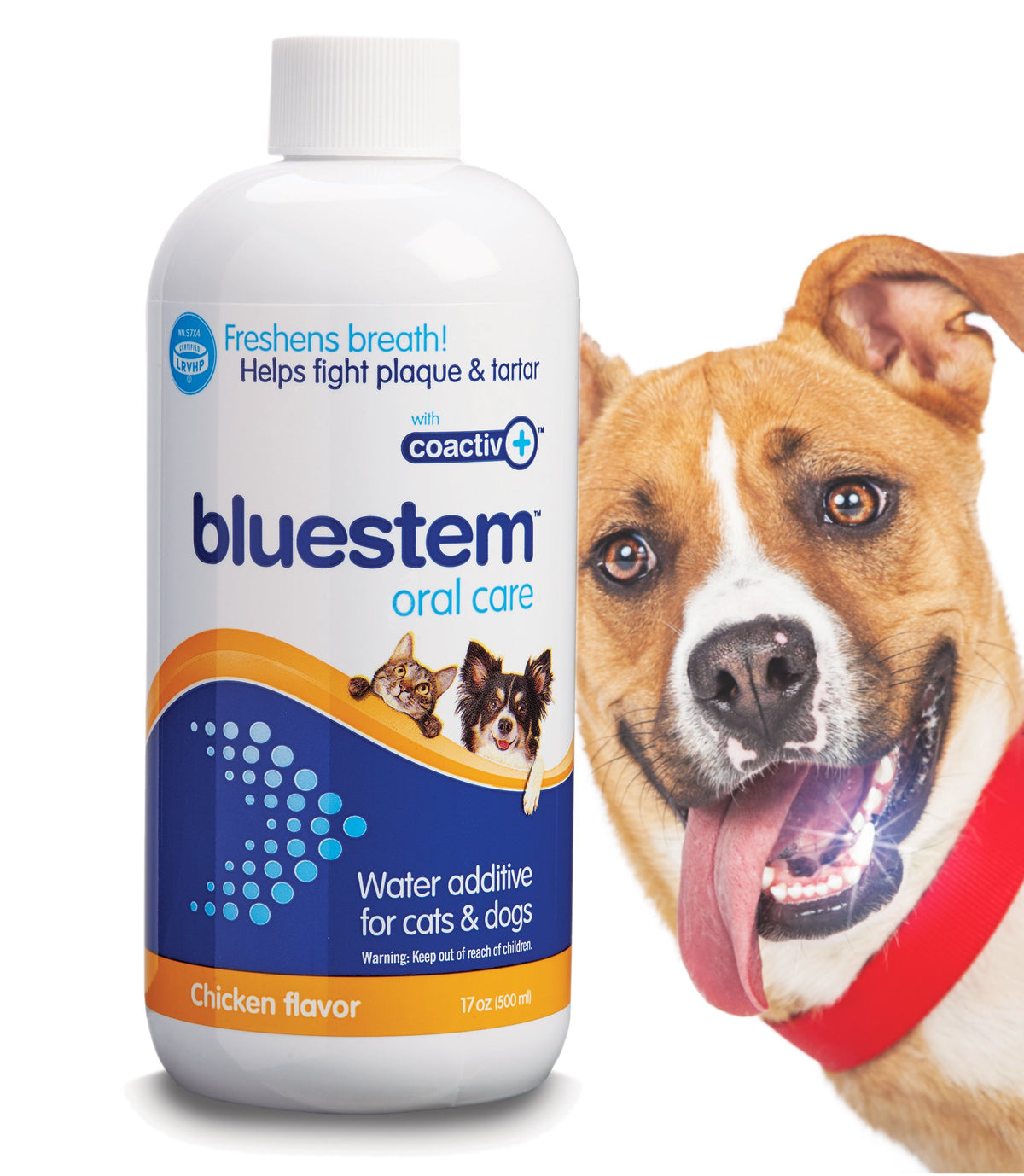 Bluestem Freshens dog breath bottle pour aids fresher breath.