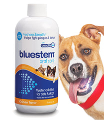 Bluestem Freshens dog breath bottle pour aids fresher breath.