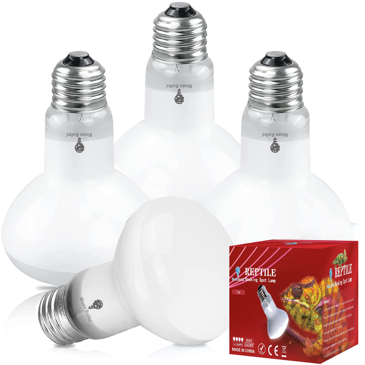 Bluex Bulbs basking spot 75W image showing sun-like warmth for reptile enclosure.