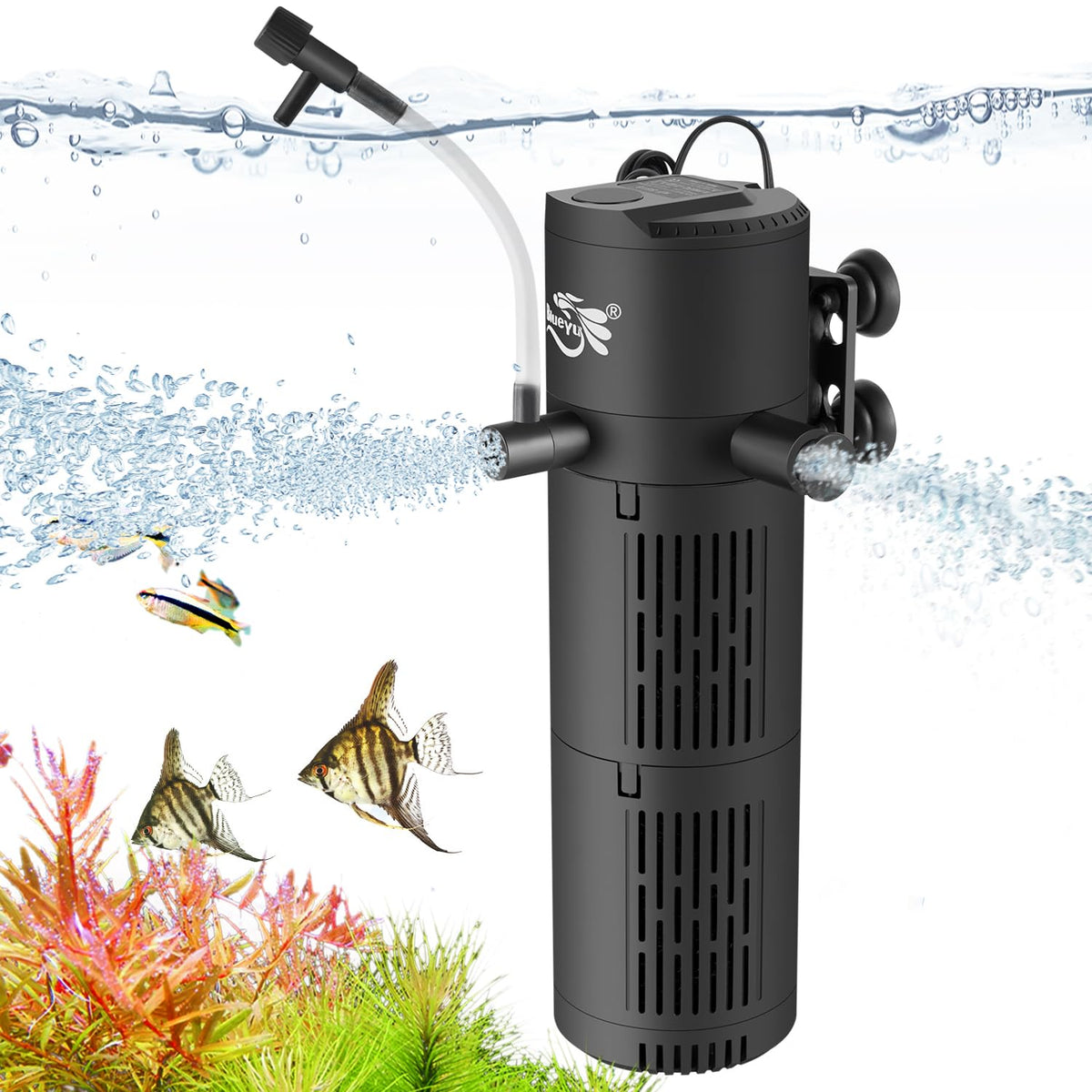 BlueYu 4-in-1 aquarium filter front view for strong circulation in 30-80 gallon tanks.