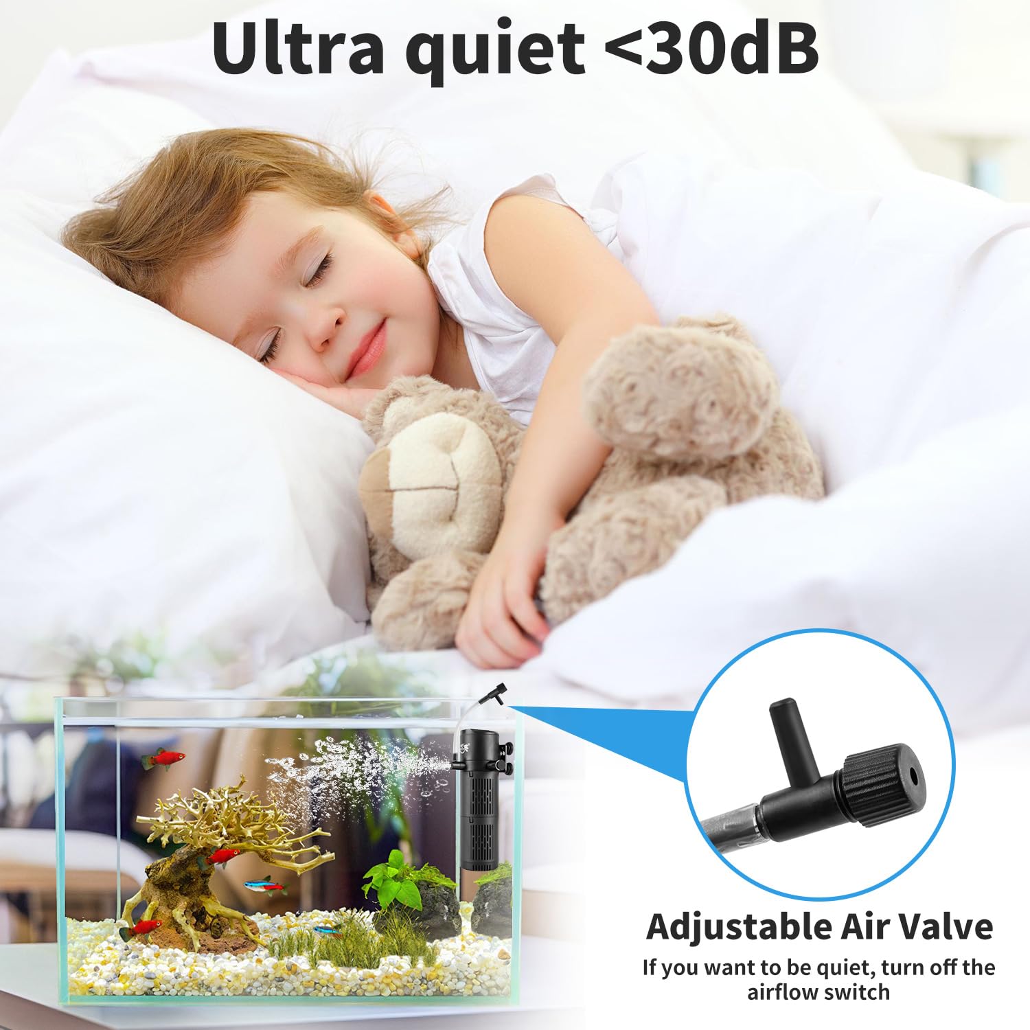 BlueYu quiet operation image conveys near-silent filtration under 35dB.