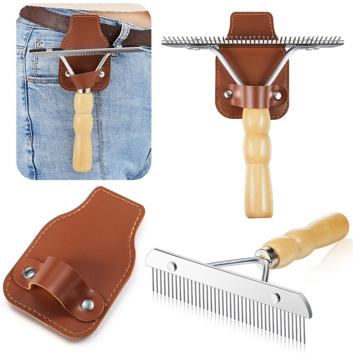 Blulu show comb with wooden handle for comfortable livestock grooming.